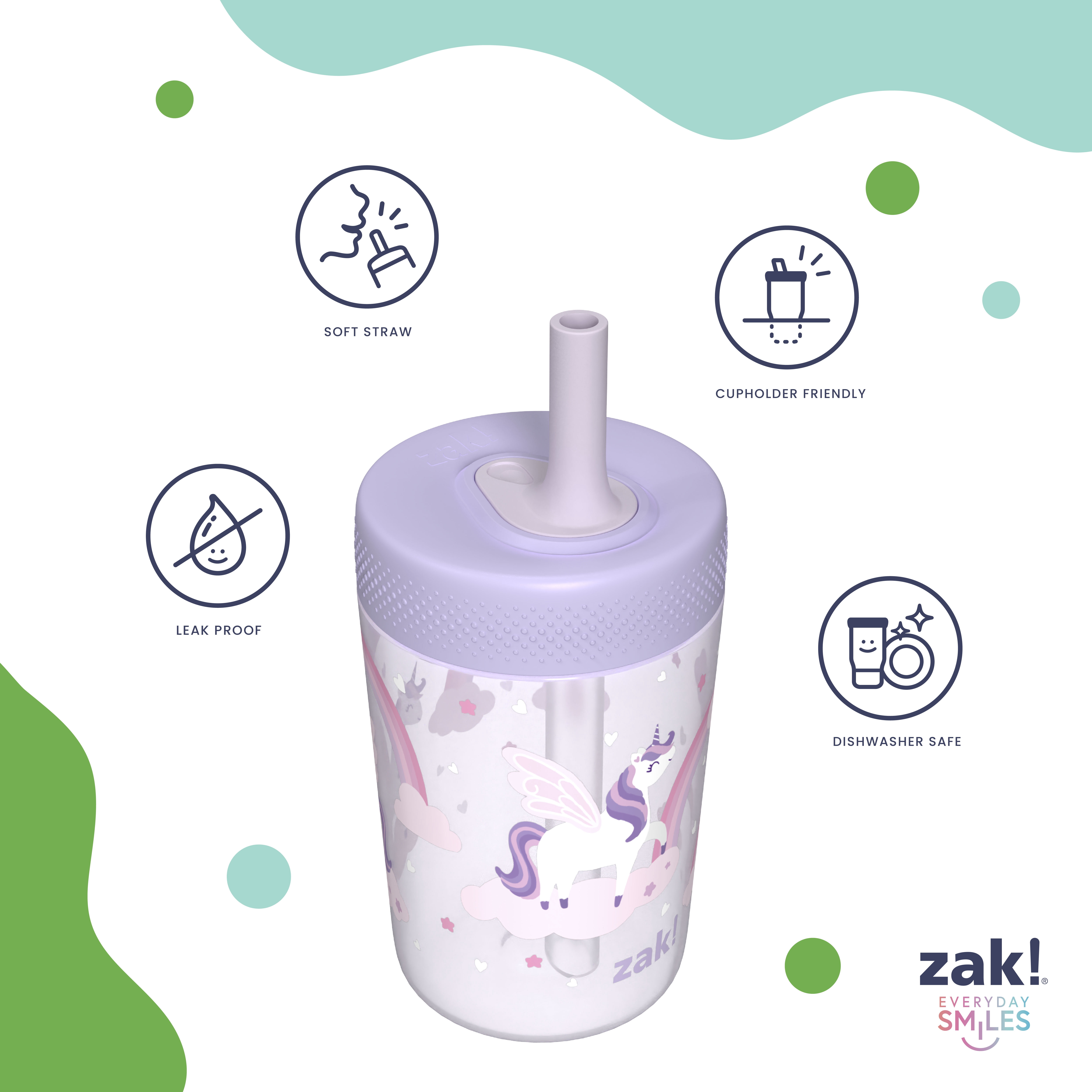Zak Designs 12oz Rainbow Magic Durable Plastic Capri Tumbler with Straw, 2 Pack