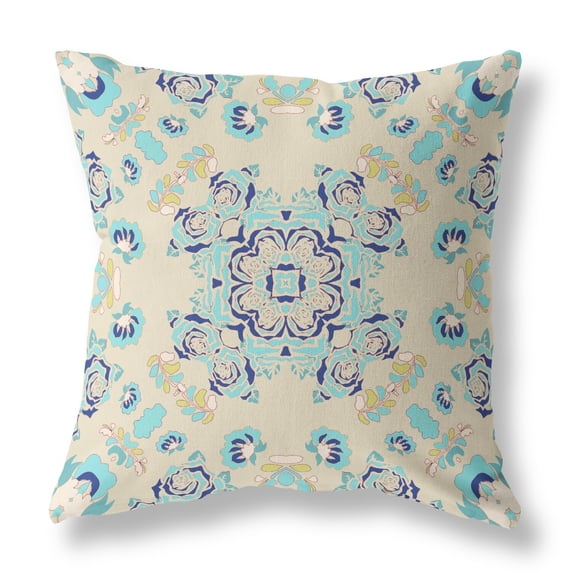 16" X 16" Off White And Light Blue Broadcloth Floral Throw Pillow