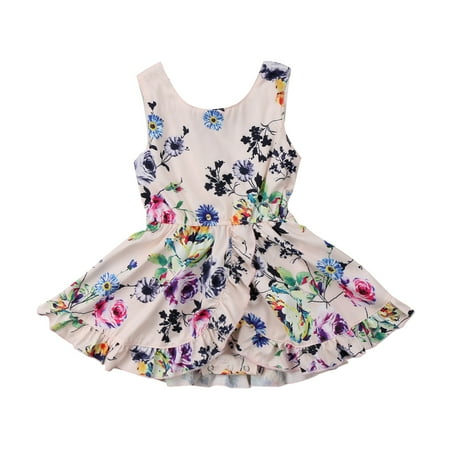 

Summer Toddler Girls Romper Floral Printed Round Neck Sleeveless Ruffled Romper Dress
