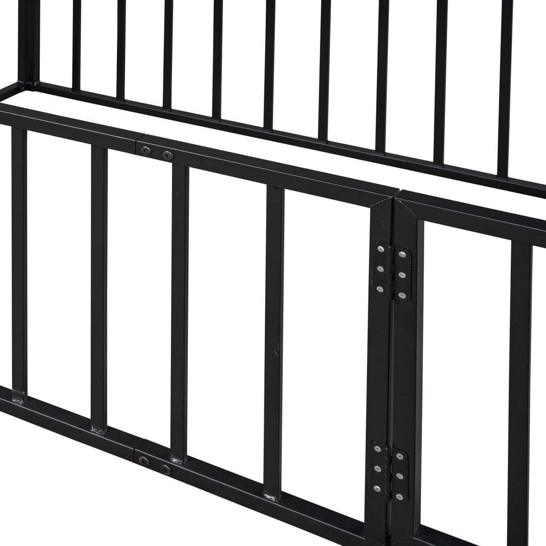 Twin Floor Bed Frame, Montessori Floor Bed with Full-Length Guardrails and Door, No Slats Supports, Black, 77"×41.1"×21.7"H
