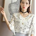 thumbnail image 3 of CENL Lady Blouse Elegant Flower Print Half Flare Sleeve V Neck Chiffon Blouses Shirts, 3 of 5
