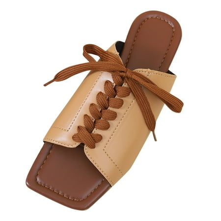 

NECHOLOGY Fashion Spring Summer Women s Slippers Square Toe Flat Bottom Light Open Toe Solid Lace Up Cute Womens Slippers Boots Khaki 7