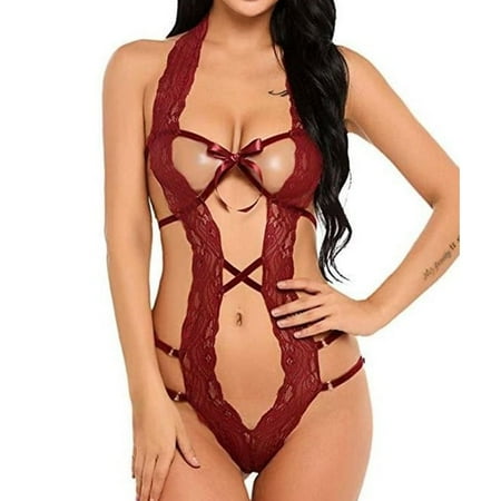 

Womens Sexy Teddy Lingerie Lace Bodysuit Sexy Lingerie Bodysuit for Women - One Piece Lace Teddy Halter Mini Babydoll Bodysuit Wine Red L