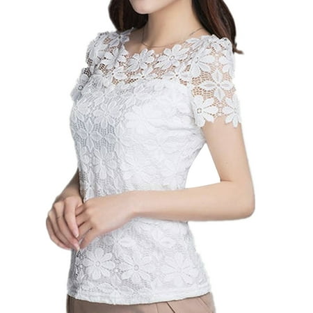 - Vintage Women Short Sleeve Lace Crochet Slim Tops Blouse Pullover Summer