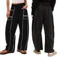 thumbnail image 3 of Pantalones de Mujer Holgados de Pierna , Estilo Palazzo, Informales, con Cordón en la Cintura y Bolsillos. Negro S, 3 of 8