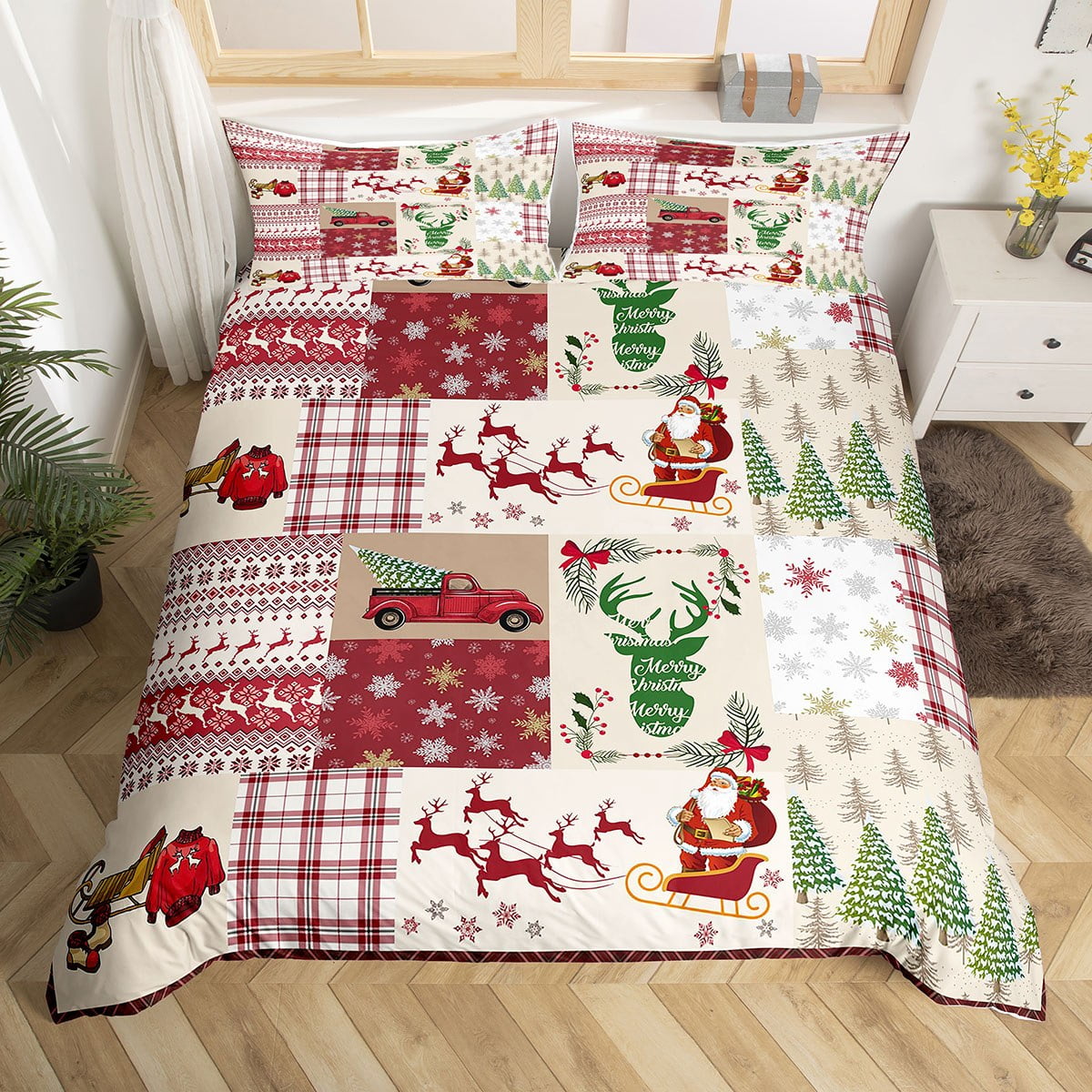 Yst Christmas Bedding Sets Full Xmas Tree Santa Claus Deer Snowflake Comforter Cover Red Check Plaid Duvet Cover Christmas Bedroom Decor winter Festiv