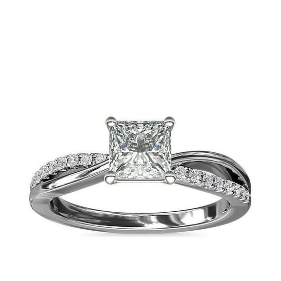 0.60 Carat Radiant Princess Cut Natural Diamond Solitaire with Accents Engagement Ring for Women in Solid 14K White Gold Size 7