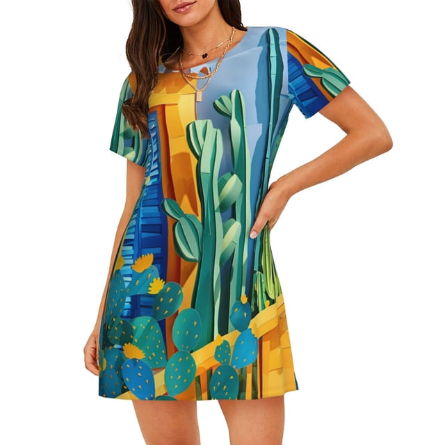 Easygdp Bright Paper Cactus Scene Camisón de manga corta para mujer, informal, estampado