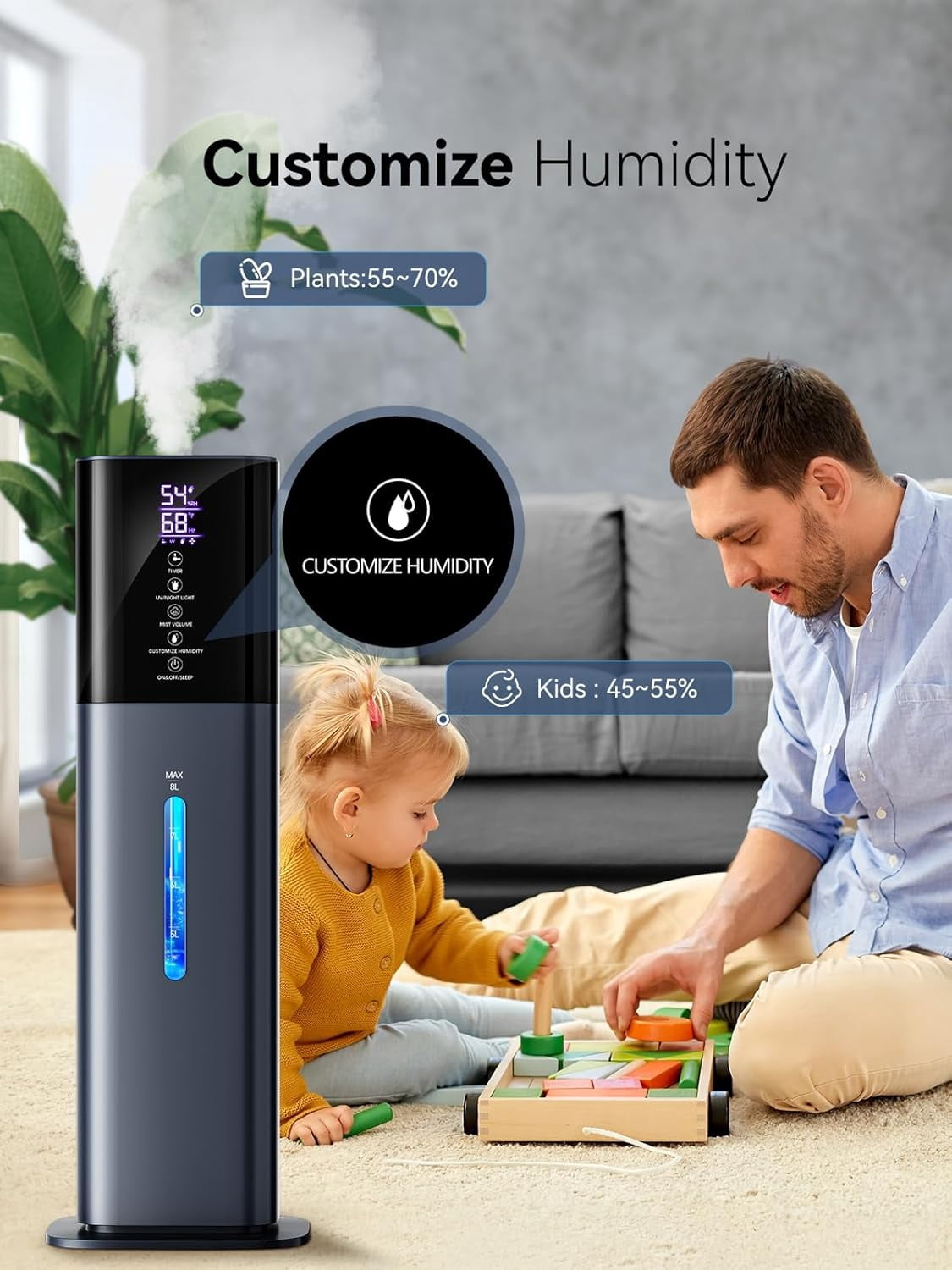 Humidifiers for Bedroom, 2.11Gal 8L Quiet Humidifiers for Large Room with Timer, 360°Nozzle, 3 Speed Ultrasonic Cool Mist Humidifier with Humidistat for Baby Home Adults Plants