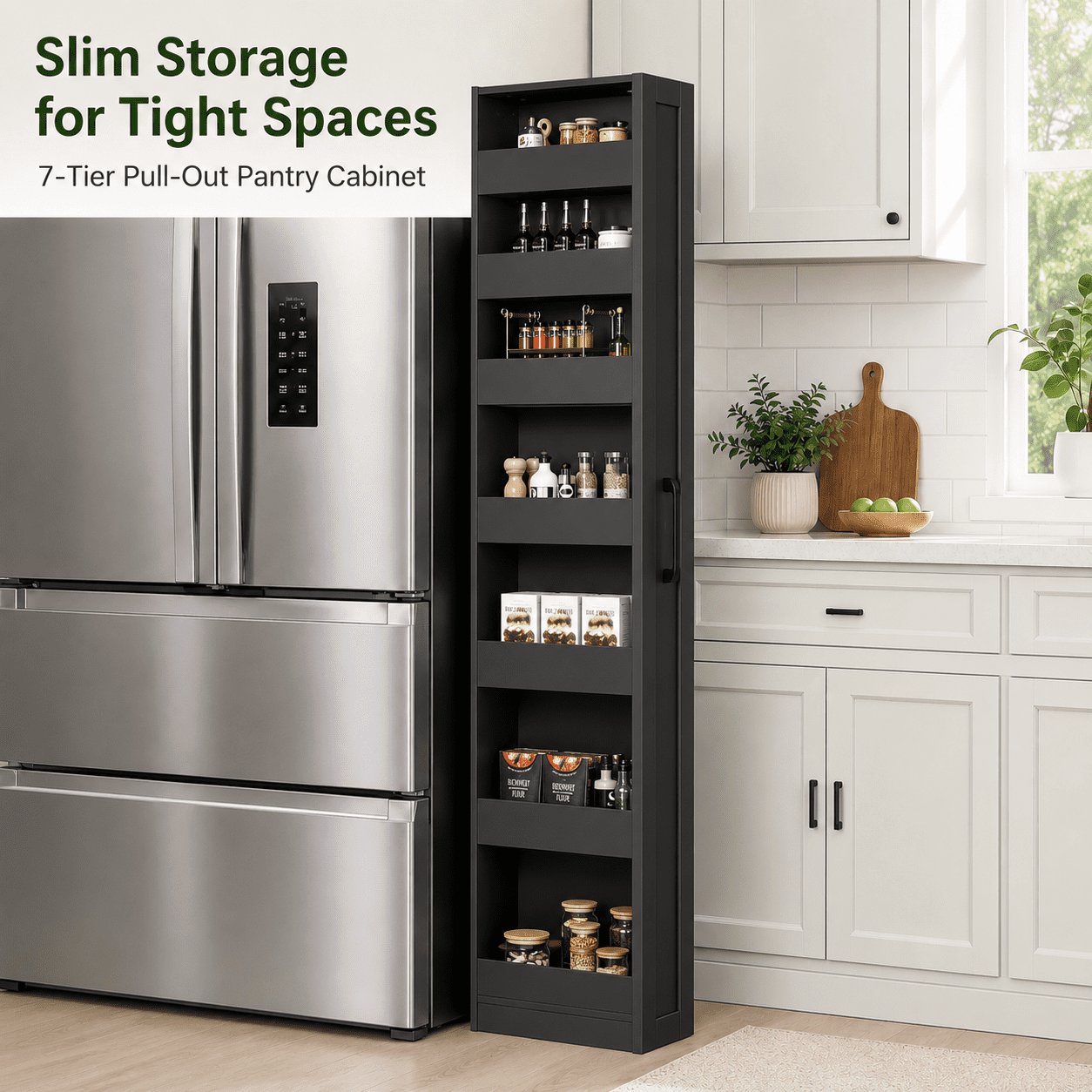 Aukfa 7-Tier Slim Rolling Pantry Cabinet, 68.3" Narrow Pull-Out Kitchen Storage Cart with Handle and Casters,Black