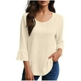 thumbnail image 6 of Mceream Womens Bell Sleeve Tops and Blouses 3/4 Sleeve Cotton Linen Ruffle Crewneck Shirts Fashion Casual Loose Fit Tunic Blouses Plus Size Outfits Clothes Beige XL, 6 of 9
