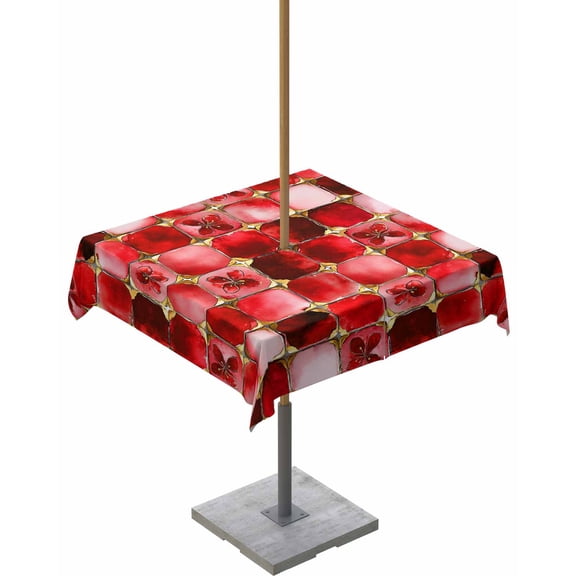 Boanket Outdoor Tablecloth with Umbrella Hole for Patio/Picnic/Party/Camping, Red Geometric Waterproof Table Cloth Square Cover Washable, Modern Abstract Art Botanical (60"x 60")
