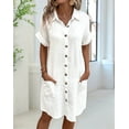 thumbnail image 6 of Womens Summer Cotton Linen Button Down V-Neck Casual Short Sleeve Loose Tunic Dresses White S, 6 of 8