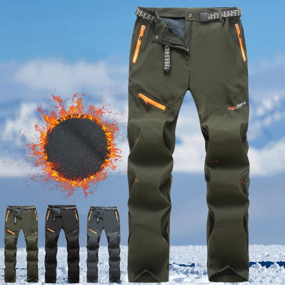WAVSUF Men's Fleece Tactical Pants Multiple Pockets Waterproof Lightweight Warm Outdoor Hiking Trousers Gray L