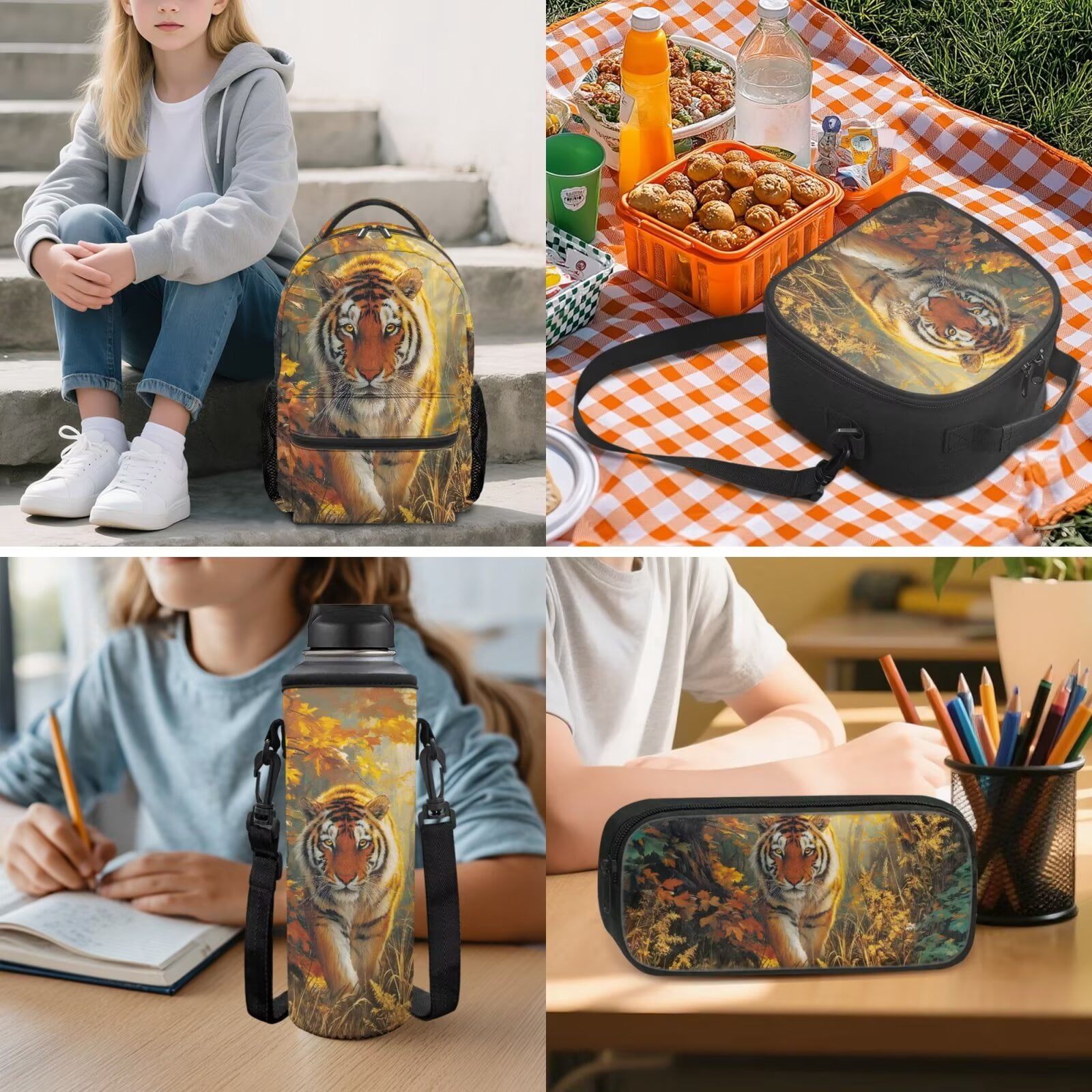 Pzuqiu Tiger Print Cute Back Pack Backpacks for Boys with Lunch Box Water Bottle Bag School Backpack for Boys 5 Pcs Rucksack Travel Bag for Kids