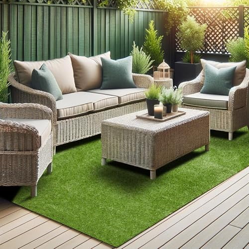 Lifelike Artificial Grass Area Rug 7x9 Indoor/Outdoor with Drainage Holes, Customizable Thick High Pile for Backyards, Patio, Bedroom Rug, 6'6" x 9'
