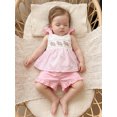 thumbnail image 5 of BemeyourBBs Toddler Baby Girl Summer Clothes Infant Baby Girls Summer Beach Holiday Outfit Cute Turtle Embroidered Striped Flying Sleeve Babydoll Shirts Tops and Ruffle Shorts 2 Piece Set, 5 of 9