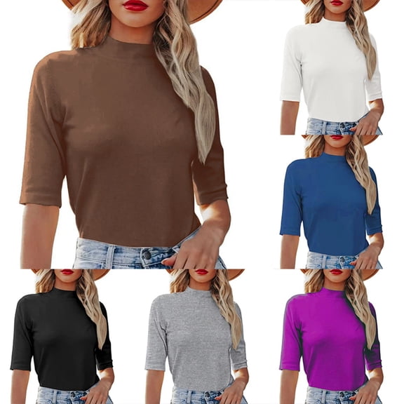 Shirts For Women Tees Tops Solid Elegant Neck Short Sleeve Knitted Tight Lightweight Outfits 2026 Black