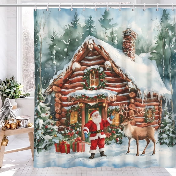 AOFOTO Farmhouse Christmas Shower Curtain Santa Claus with Reindeer in Front of Snowy Cabin Bath Curtain Cozy Holiday Bathroom Decor 72 x 72 Inches