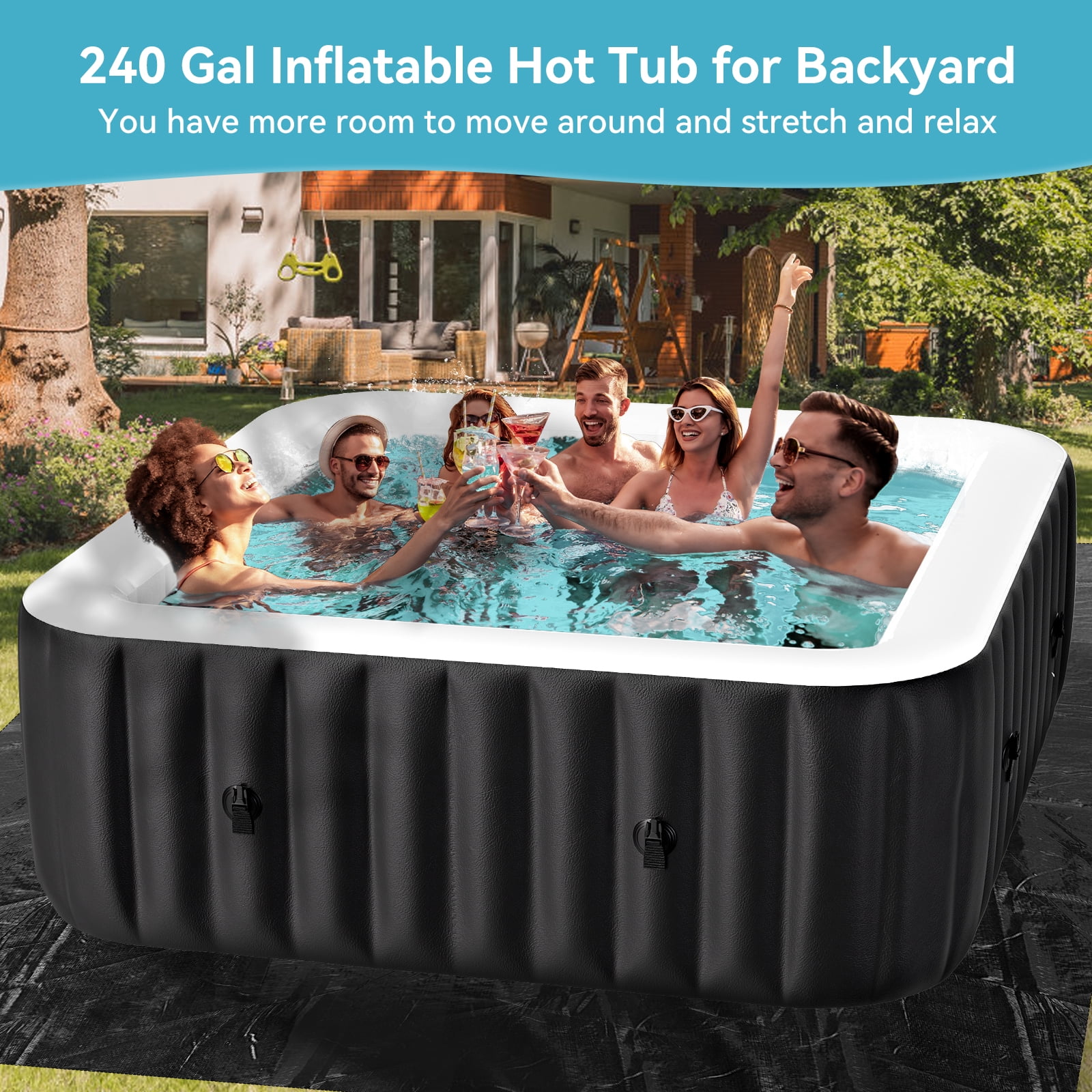 MOPHOTO Hot Tub - 73” X 73” X 25” Inflatable Hot Tub, 4-6 Person Portable Blow Up Hot Tub Square Portable Outdoor Spa with 130 Bubble Jets and Built in Heater Pump, Filter