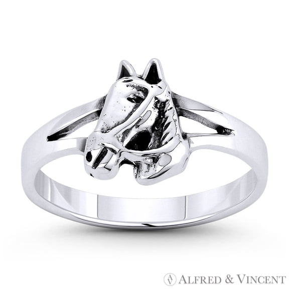 Collared Horse Horseback Riding Charm Right-Hand Stackable Ring in Oxidized .925 Sterling Silver