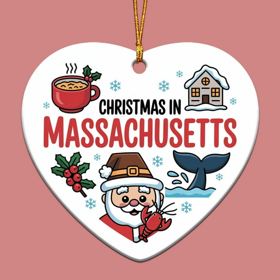 Ceramic Christmas Ornament - Christmas in Massachusetts, Christmas Tree Decoration, Ceramic Heart Ornament Keepsake for Family Friends Teachers Coworkers Home Décor 206OR21