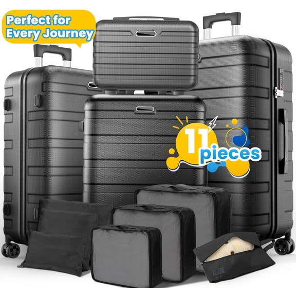 11Pcs Hardshell Luggage Set, Lightweight Suitcases w/ Spinner Wheels, Carry on Luggage, Black