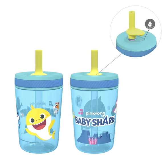 Zak Designs 15oz Baby Shark Kelso Travel Straw Tumbler Plastic and Silicone with Leak-Proof Valve for Kids, 2pcs Set, Baby Shark