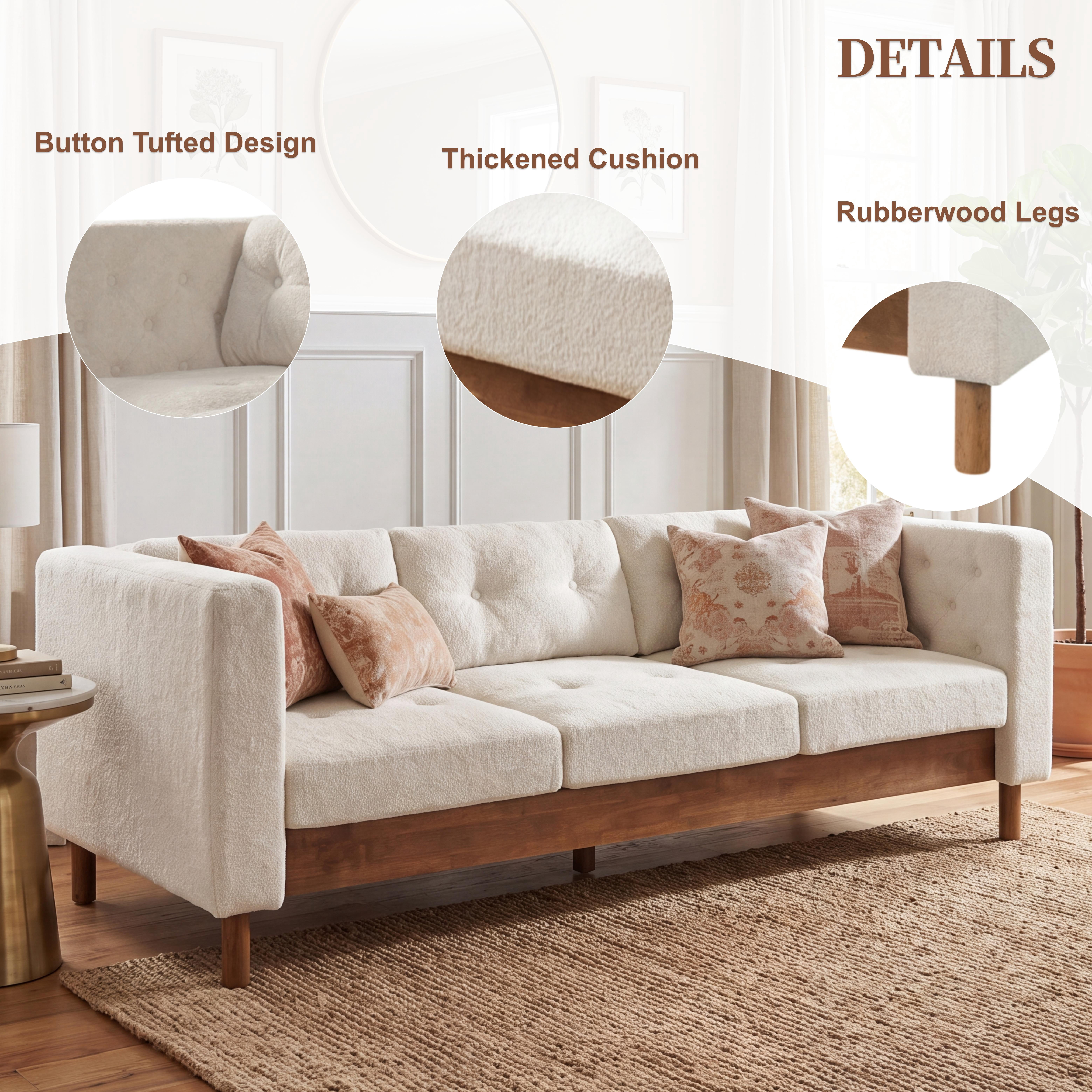 GARITIN 3 Seater Sofa 78 Inch, Chenille Upholstered Couch with Square Arms and Tufted Pillow Back for Living Room Apartment, Beige