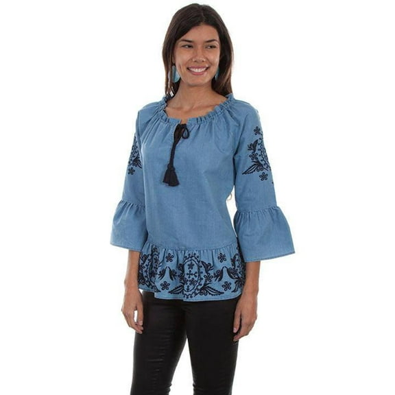 Scully Womens Denim Cotton Blend Peplum S/S Blouse S