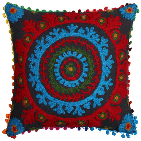 Stylo Culture Ethnic Decorative Throw Pillow Cover 17x17 Pom Pom Lace Black Stylish 43x43 cm Embroidered Suzani Cotton Floral Square Cushion Cover | 1 Pc