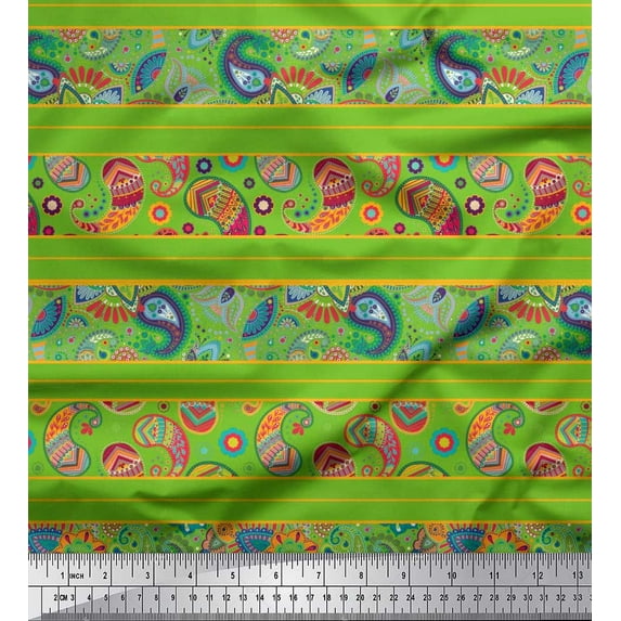 Soimoi Green Silk Fabric Stripe,Floral & Paisley Artistic Fabric Prints By Yard 42 Inch Wide