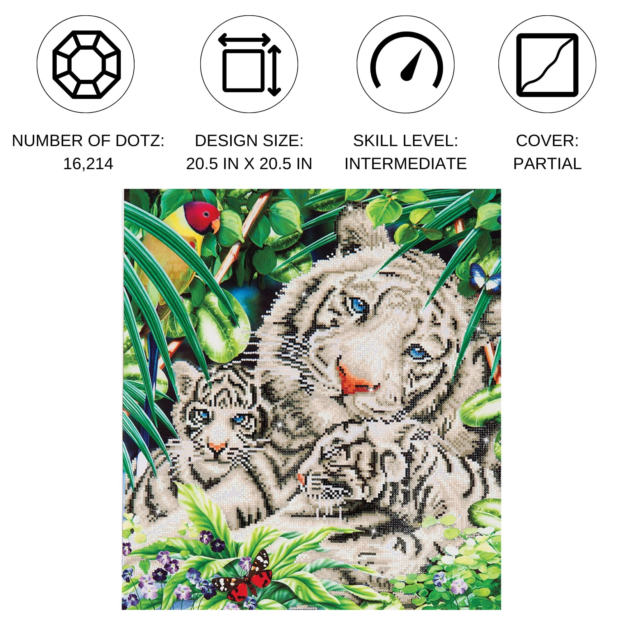 Diamond Dotz White Tiger & Cubs Animal Diamond Painting Kits for Adults - Diamond Art Kits a Relaxing Creative Craft Kit with Dotz Gems  20.5"x20.5"