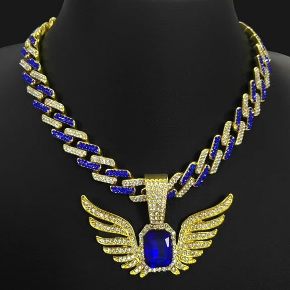 Hip Hop Cuban Chains Blue Gemstone Wing Pendant Diamond Cuban Necklace for Men and Women 15mm Necklaces Jewelry Iced Out Bling Chain