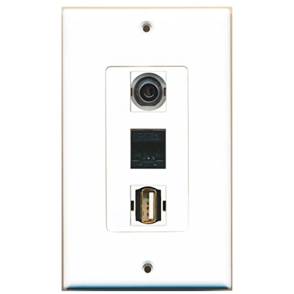 RiteAV - 1 Port USB A-A and 1 Port 3.5mm and 1 Port Cat5e Ethernet Black Wall Plate Decorative