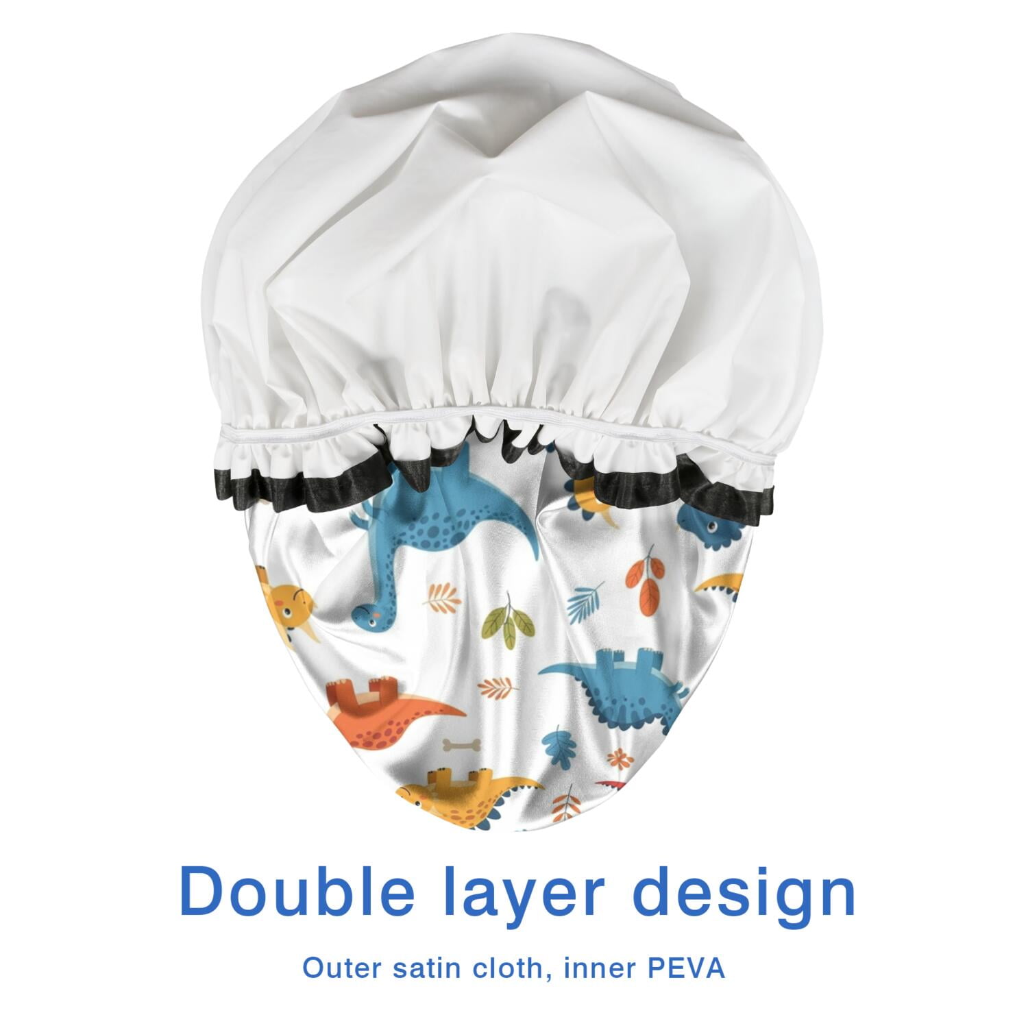 Shower Caps,White Cartoon Dinosaurs Bones Pattern Waterproof Shower Cap for Women 4 Pieces,Double Reusable Hair Cover for Shower PEVA Elastic Stretch Hem