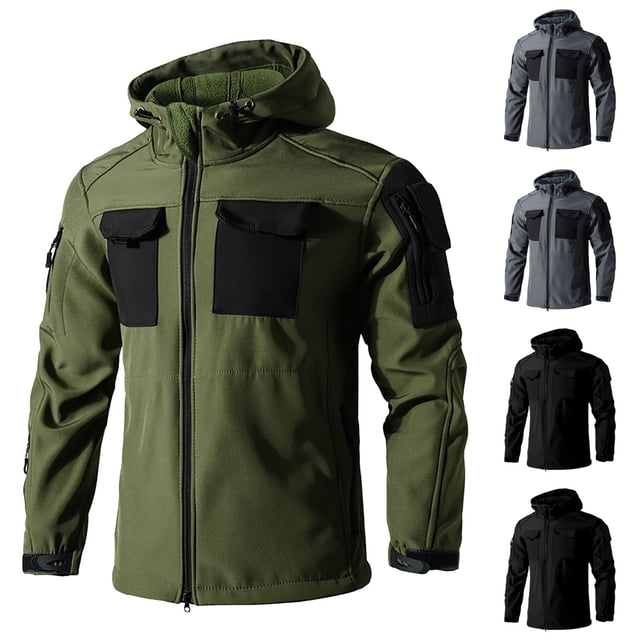 YOIAVAIOY Men Tactical Jacket Zip Up Cargo Hoodies Waterproof Outdoor Raincoat Travel Hiking Jackets with Multi Pockets