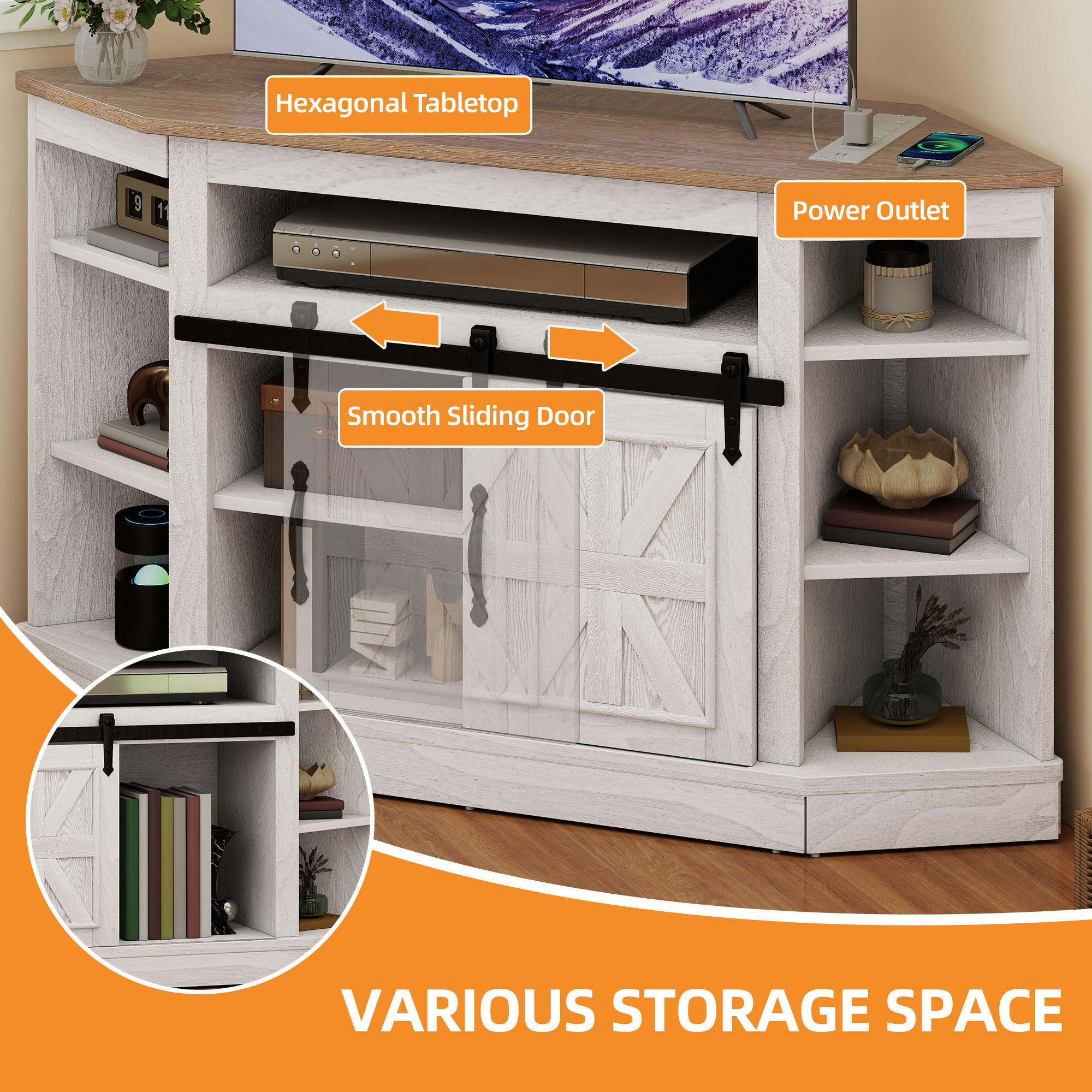 Craftian Farmhouse Corner TV Stand for 50" TV, Entertainment Center with Sliding Barn Door, Gray Wash
