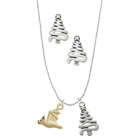 Delight Jewelry Goldtone 3-D Flying Bat with Crystals Silver tone Zig Zag Christmas Tree Charm Necklace and Stud Earrings