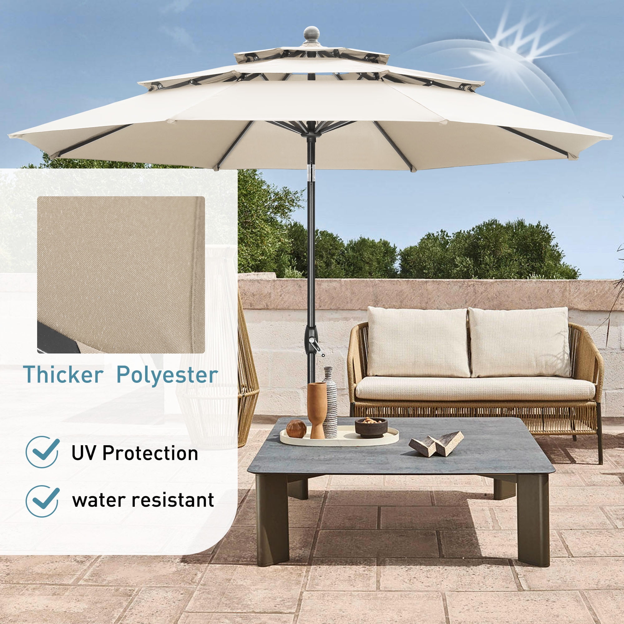 Autlaycil 10' Beige Patio Umbrella 3 Tiers with Tilt and Crank for Outdoor, Pool, Beach, Garden