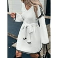 thumbnail image 6 of Tie-Waist Loose Knitted V-Neck Long Sleeved Autumn Dress Contrast Sleeves Pullover Sweater Dress White S, 6 of 9