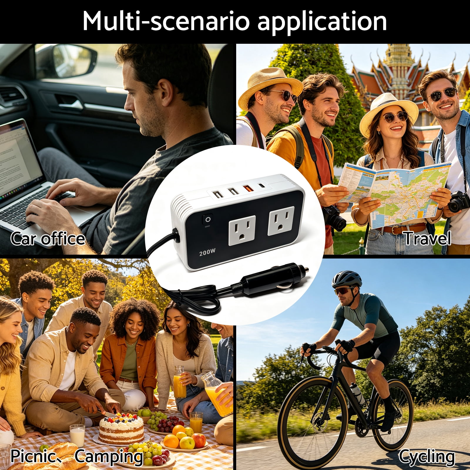 200W Car Power Inverter 12V to 110V for Vehicles, Car Plug Adapter Outlet with 4 USB Fast Charger, Car Charger Cigarette Lighter Adapter for Phone, Laptop on Road Trip
