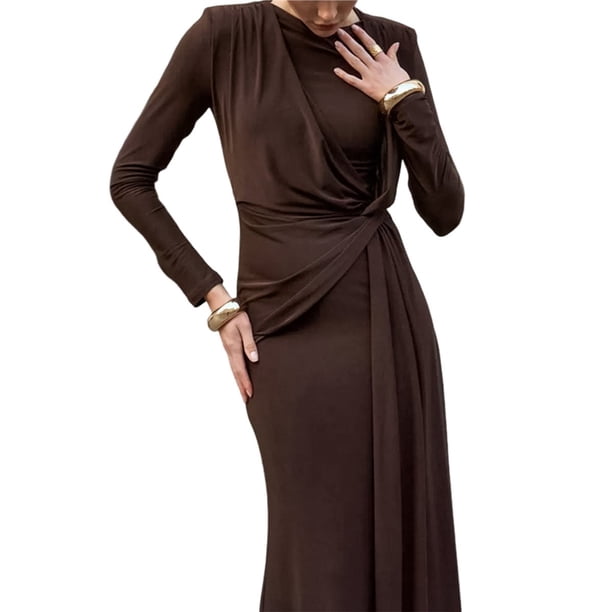 Vestido Maxi Ajustado para Mujer con Mangas Largas, Cuello Redondo y Corte Ajustado para Cóctel Marrón M