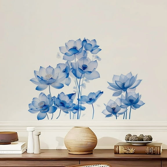 Blue flower wall stickers, living room flower wall stickers, detachable and peelable waterproof wall art decorative stickers suitable for bedrooms, bathrooms, and offices