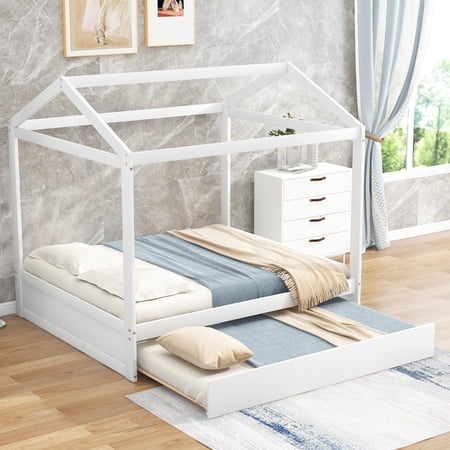 CITYLE Full Size House Bed with Trundle  Wood Bed with Full Size Trundle Bed for Toddlers  Kids  Teens  Girls  Boys Bedroom  Can be Decorated  No Box Spring Needed  White