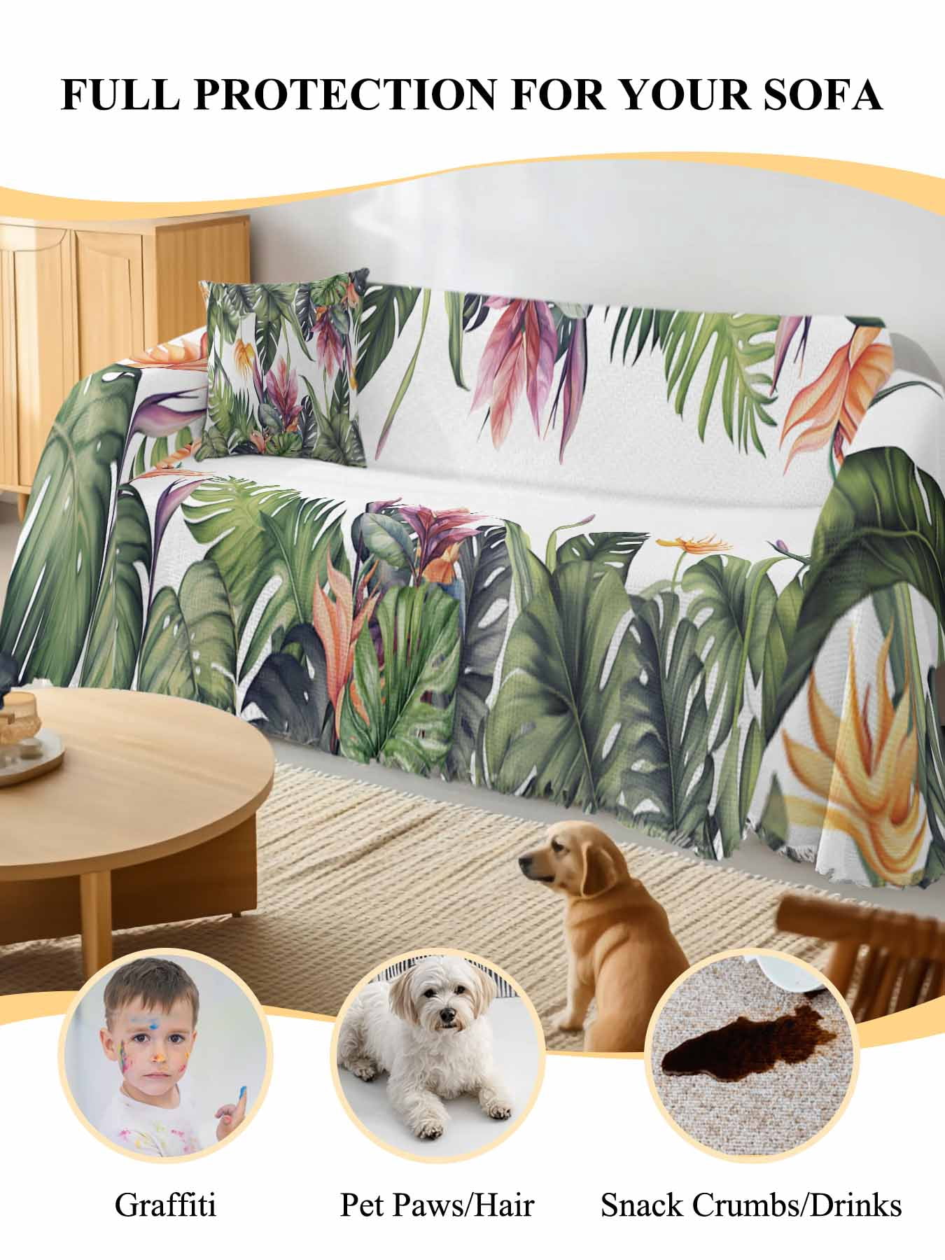 Palm Leaves Couch Cover, Summer Botanical Tropical Plants Sofa Cover Blanket for 3 Cushion Couch,Sectional Sofa Slipcover Furniture Protector for Living Room Bedroom 71''x134''