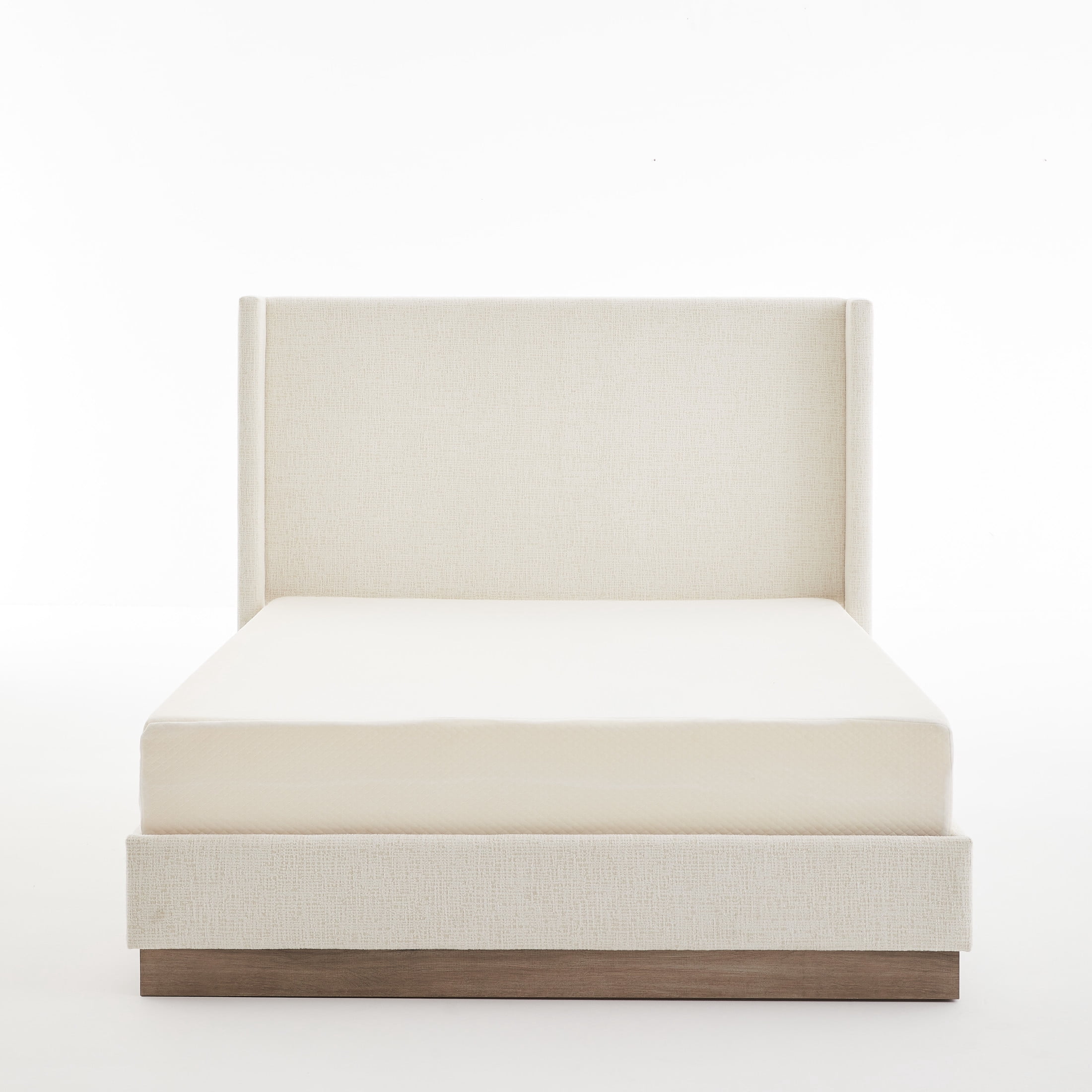 Noble House Hosford California King Boucle Upholstered Wingback Bed, Wood Base Platform Bed with Headboard, Oat