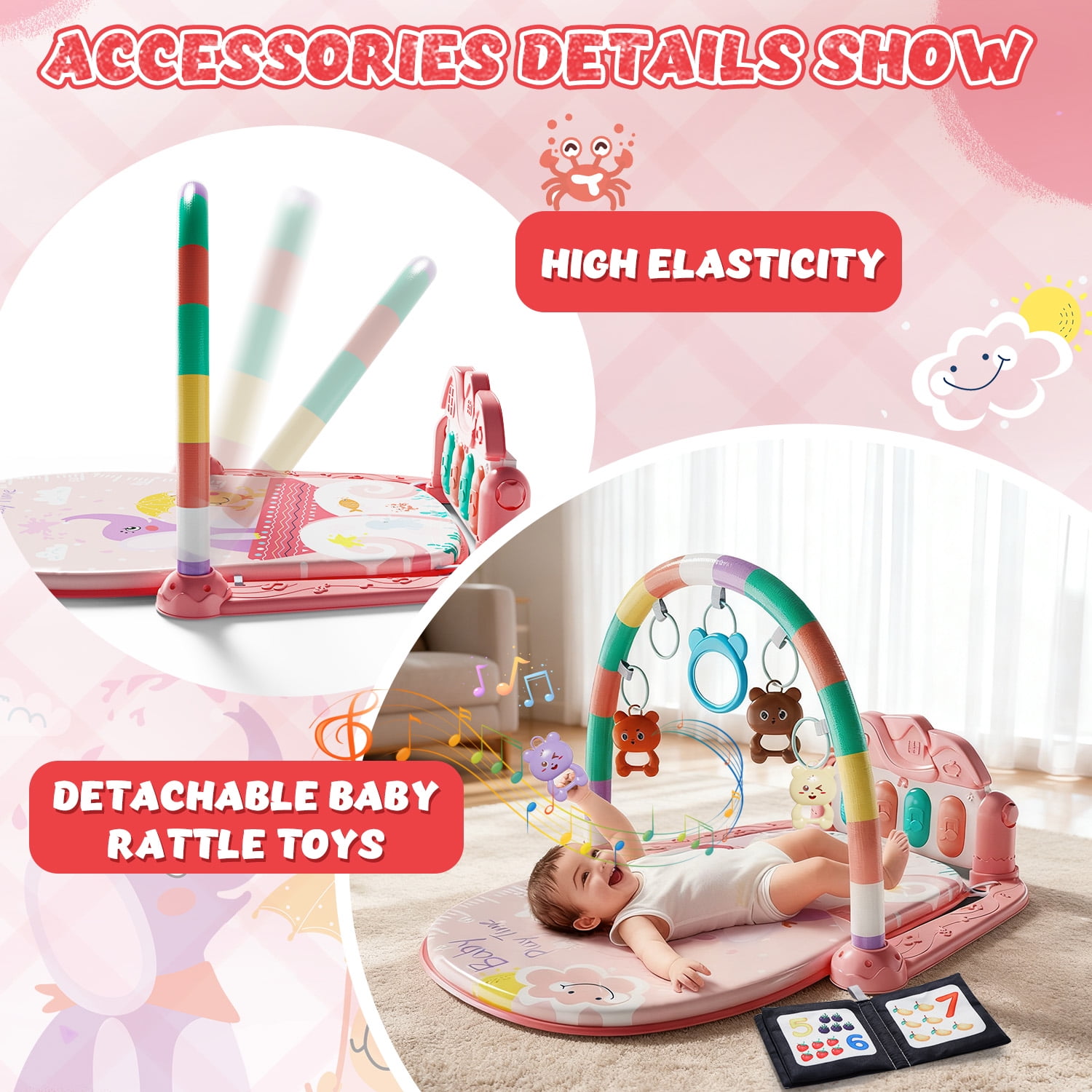 WonderStone 2-in-1 Baby Gym Playmat, Tummy Time Water Mat with 2 Cloth Books and 5 Infant Sensory Baby Toys & Play Piano, Newborn Baby Gift for Boys & Girls 0–24 Months (Pink)