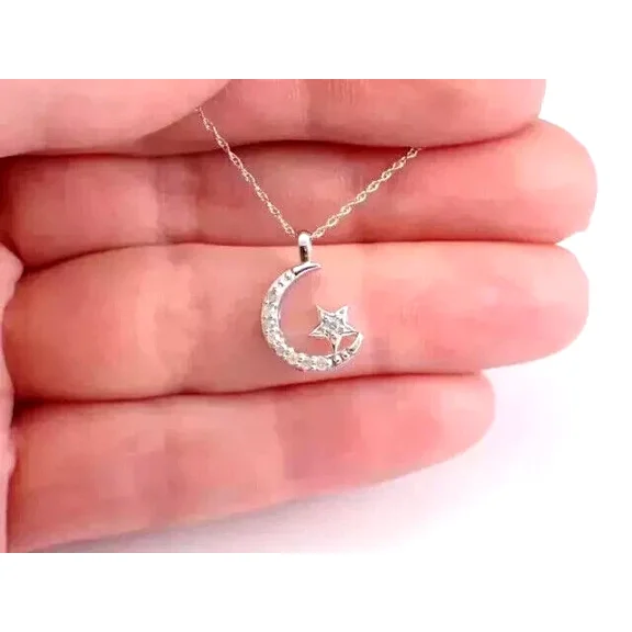 0.50Ct Round Cut Simulated Diamond Women's "Moon & Star" Chain Pendant 14K White Gold Plated 925 Sterling Silver