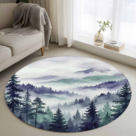 Round Area Rugs Collection 4 Ft, Dark Purple Forest Non-Slip Residential Carpet, Watercolor Clouds Trees Mountain Indoor Crawling Mats Runner Rugs for Living Room/Dining Room/Bedroom